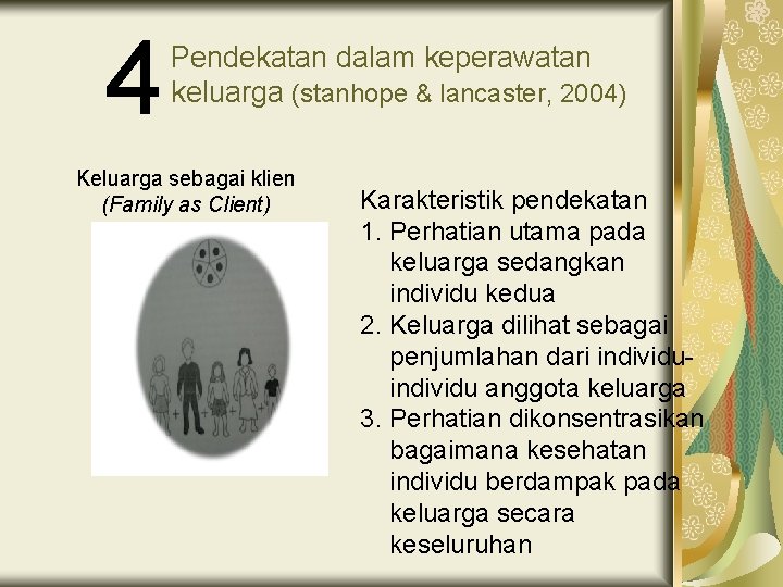 4 Pendekatan dalam keperawatan keluarga (stanhope & lancaster, 2004) Keluarga sebagai klien Karakteristik pendekatan