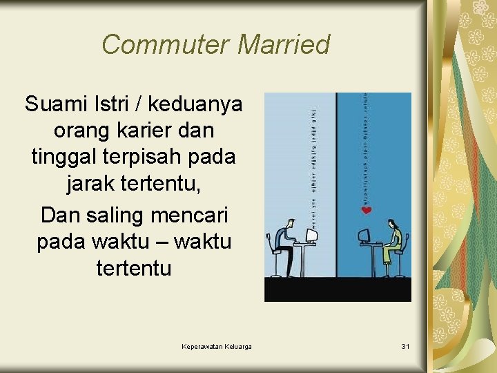 Commuter Married Suami Istri / keduanya orang karier dan tinggal terpisah pada jarak tertentu,