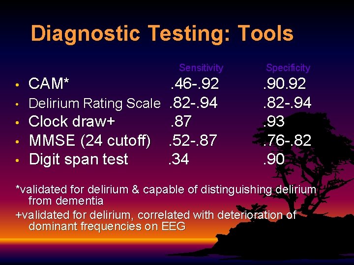 Diagnostic Testing: Tools Sensitivity Specificity • • • CAM* . 46 -. 92 Delirium Diagnostic Testing: Tools Sensitivity Specificity • • • CAM* . 46 -. 92 Delirium