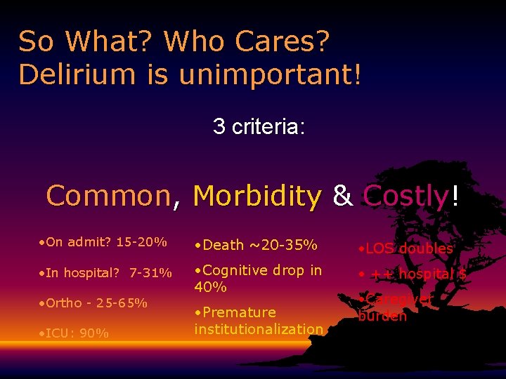 So What? Who Cares? Delirium is unimportant! 3 criteria: Common, Morbidity & Costly! • So What? Who Cares? Delirium is unimportant! 3 criteria: Common, Morbidity & Costly! •