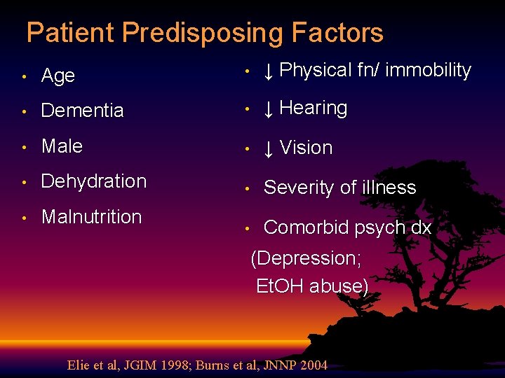 Patient Predisposing Factors • Age • ↓ Physical fn/ immobility • Dementia • ↓ Patient Predisposing Factors • Age • ↓ Physical fn/ immobility • Dementia • ↓