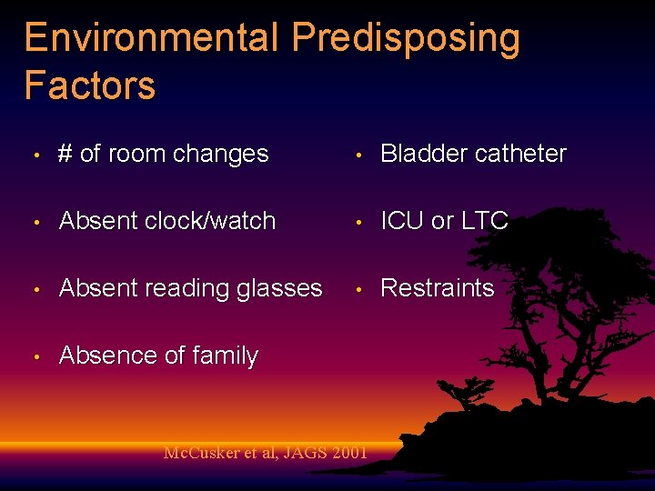 Environmental Predisposing Factors • # of room changes • Bladder catheter • Absent clock/watch Environmental Predisposing Factors • # of room changes • Bladder catheter • Absent clock/watch