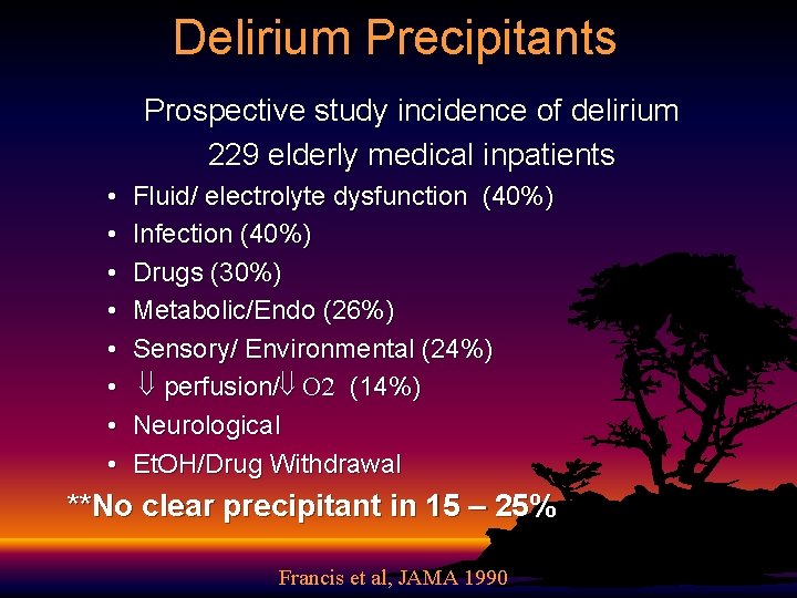 Delirium Precipitants Prospective study incidence of delirium 229 elderly medical inpatients • • Fluid/ Delirium Precipitants Prospective study incidence of delirium 229 elderly medical inpatients • • Fluid/