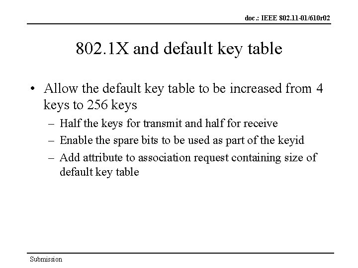 doc. : IEEE 802. 11 -01/610 r 02 802. 1 X and default key