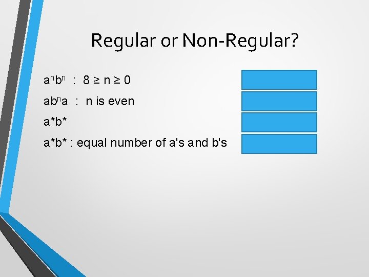 Regular or Non-Regular? a nb n : 8 ≥ n ≥ 0 regular abna