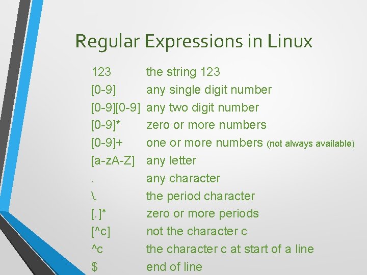 Regular Expressions in Linux 123 [0 -9][0 -9]* [0 -9]+ [a-z. A-Z]. . [.