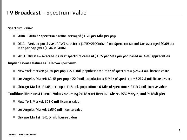 TV Broadcast – Spectrum Value: 2008 – 700 mhz spectrum auction averaged $1. 28