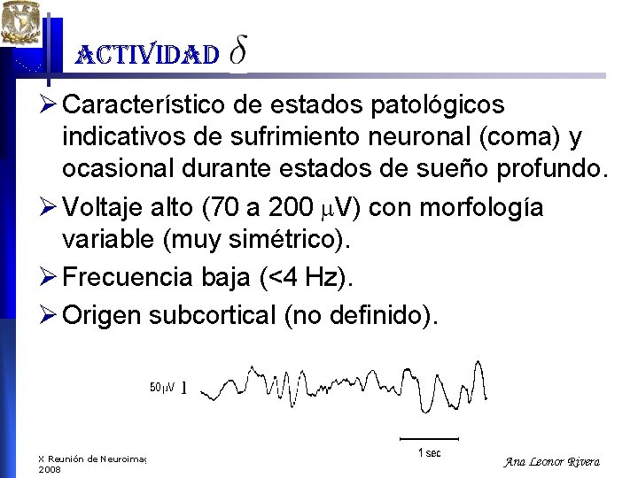 actividad Ø Característico de estados patológicos indicativos de sufrimiento neuronal (coma) y ocasional durante actividad Ø Característico de estados patológicos indicativos de sufrimiento neuronal (coma) y ocasional durante