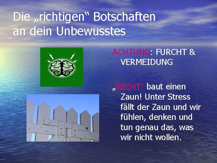 Die „richtigen“ Botschaften an dein Unbewusstes ACHTUNG: FURCHT & VERMEIDUNG „NICHT“ baut einen Zaun!