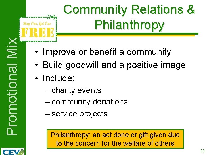 Promotional Mix Community Relations & Philanthropy • Improve or benefit a community • Build