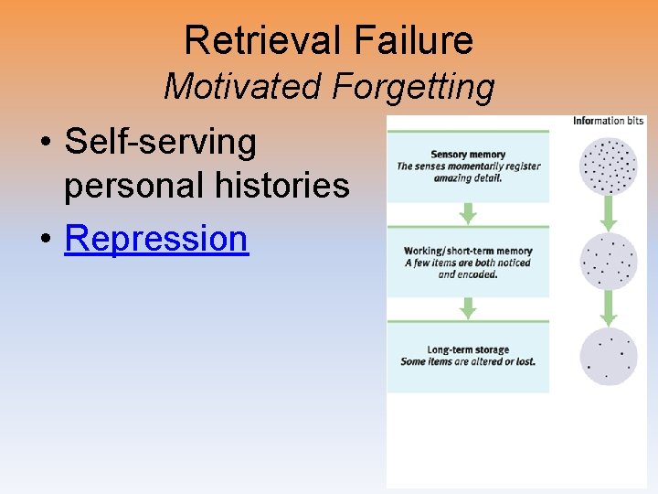 Retrieval Failure Motivated Forgetting • Self-serving personal histories • Repression 