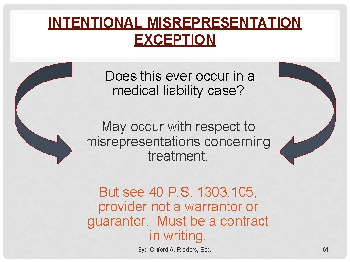 INTENTIONAL MISREPRESENTATION EXCEPTION Does this ever occur in a medical liability case? May occur