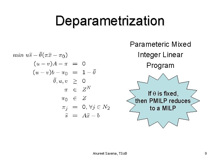 Deparametrization Parameteric Mixed Integer Linear Program If is fixed, then PMILP reduces to a