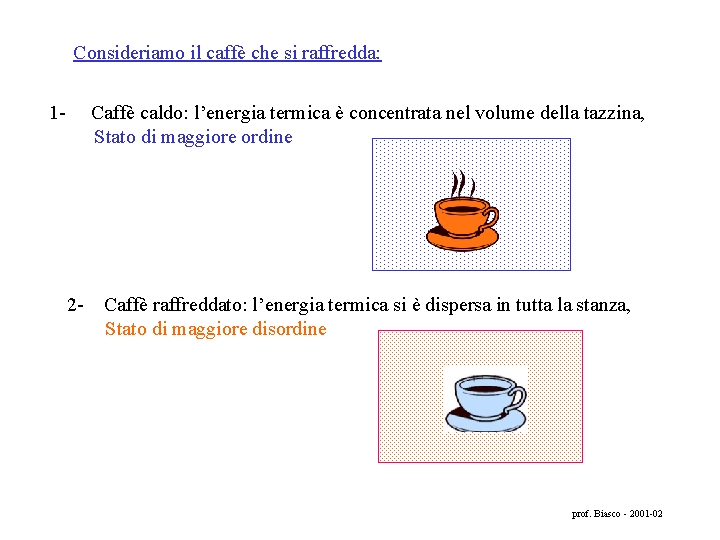 Consideriamo il caffè che si raffredda: 1 - Caffè caldo: l’energia termica è concentrata