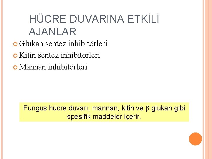 HÜCRE DUVARINA ETKİLİ AJANLAR Glukan sentez inhibitörleri Kitin sentez inhibitörleri Mannan inhibitörleri Fungus hücre