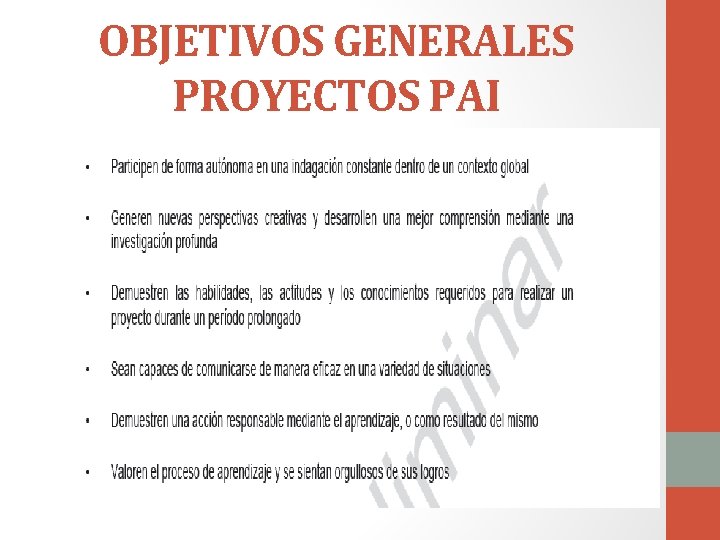 OBJETIVOS GENERALES PROYECTOS PAI 