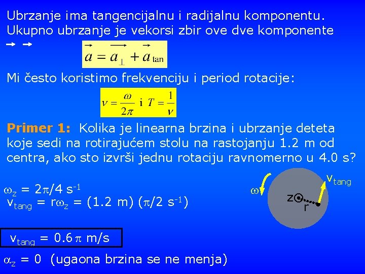 Ubrzanje ima tangencijalnu i radijalnu komponentu. Ukupno ubrzanje je vekorsi zbir ove dve komponente