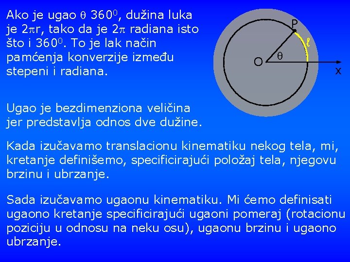 Ako je ugao 3600, dužina luka je 2 r, tako da je 2 radiana