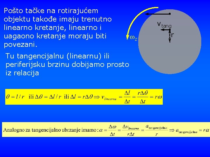 Pošto tačke na rotirajućem objektu takođe imaju trenutno linearno kretanje, linearno i uagaono kretanje