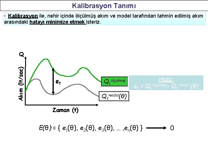 Kalibrasyon Tanımı • Kalibrasyon ile, nehir içinde ölçülmüş akım ve model tarafından tahmin edilmiş