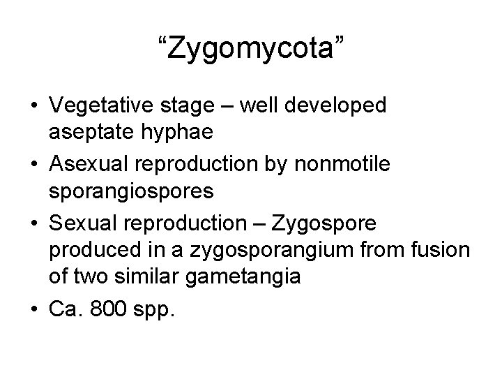 “Zygomycota” • Vegetative stage – well developed aseptate hyphae • Asexual reproduction by nonmotile