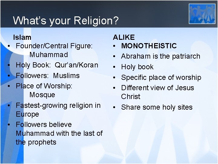 What’s your Religion? • • • Islam Founder/Central Figure: Muhammad Holy Book: Qur’an/Koran Followers: