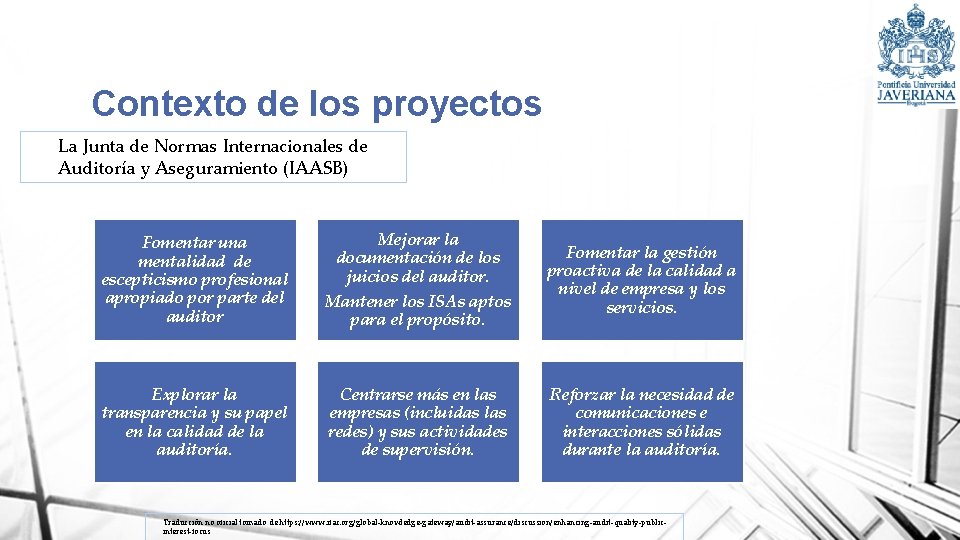 Contexto de los proyectos La Junta de Normas Internacionales de Auditoría y Aseguramiento (IAASB)