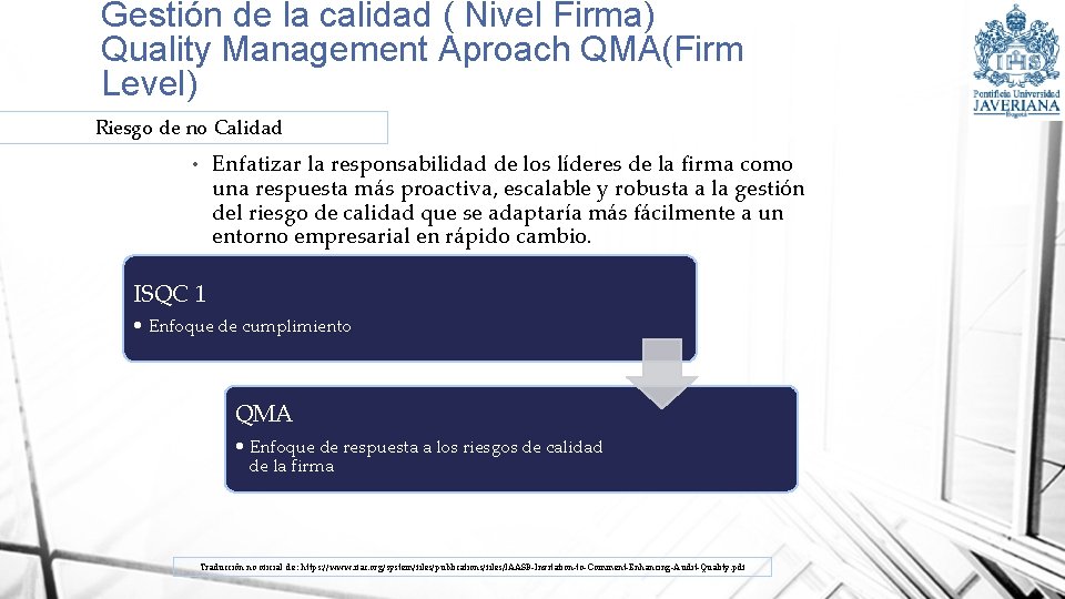 Gestión de la calidad ( Nivel Firma) Quality Management Aproach QMA(Firm Level) Riesgo de