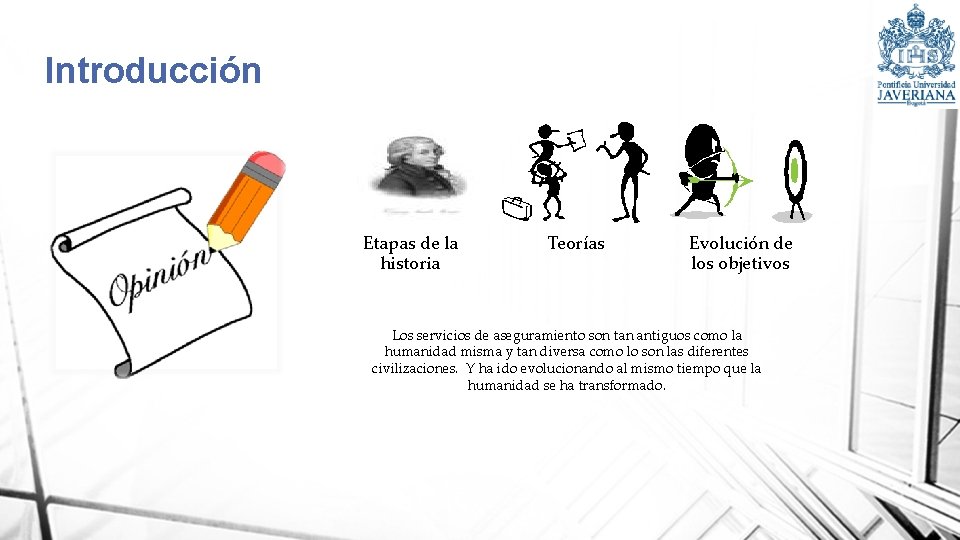 Introducción Etapas de la historia Teorías Evolución de los objetivos Los servicios de aseguramiento