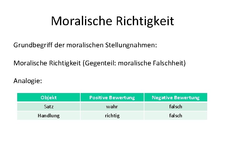 Moralische Richtigkeit Grundbegriff der moralischen Stellungnahmen: Moralische Richtigkeit (Gegenteil: moralische Falschheit) Analogie: Objekt Positive