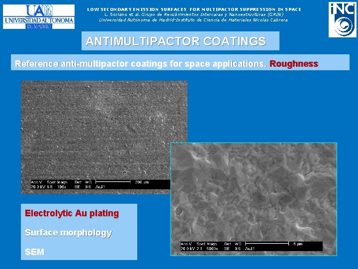 LOW SECONDARY EMISSION SURFACES FOR MULTIPACTOR SUPPRESSION IN SPACE L. Soriano et al. Grupo