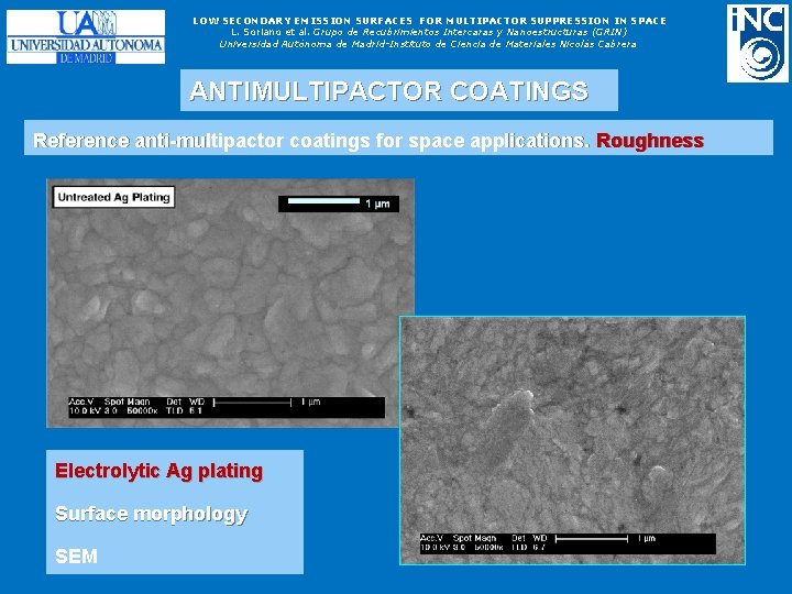 LOW SECONDARY EMISSION SURFACES FOR MULTIPACTOR SUPPRESSION IN SPACE L. Soriano et al. Grupo