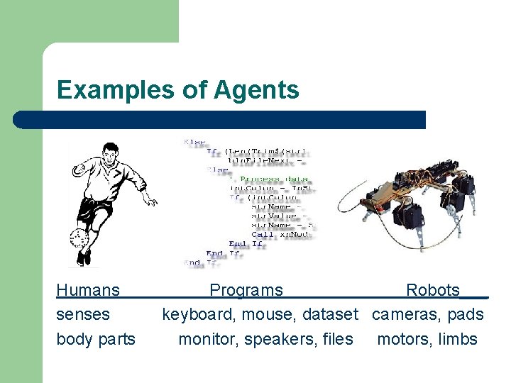 Examples of Agents Humans senses body parts Programs Robots___ keyboard, mouse, dataset cameras, pads