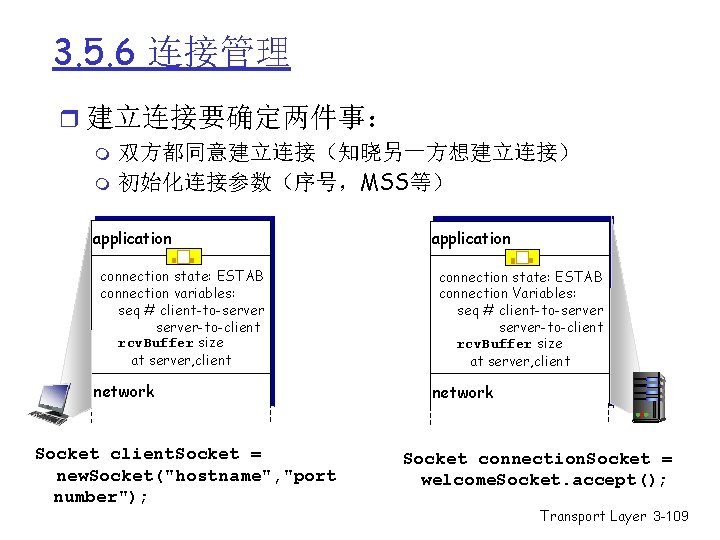 3. 5. 6 连接管理 r 建立连接要确定两件事: 双方都同意建立连接(知晓另一方想建立连接) m 初始化连接参数(序号,MSS等) m application connection state: ESTAB 3. 5. 6 连接管理 r 建立连接要确定两件事: 双方都同意建立连接(知晓另一方想建立连接) m 初始化连接参数(序号,MSS等) m application connection state: ESTAB