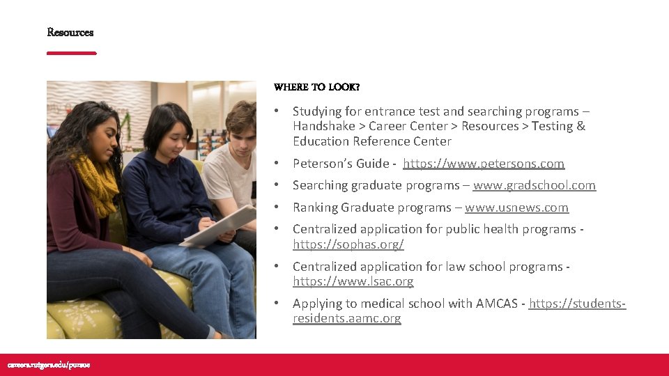 Resources WHERE TO LOOK? • Studying for entrance test and searching programs – Handshake Resources WHERE TO LOOK? • Studying for entrance test and searching programs – Handshake