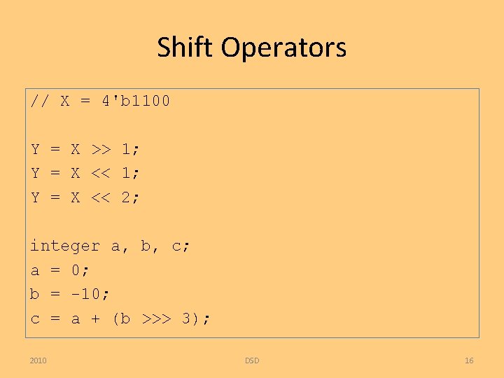 Shift Operators // X = 4'b 1100 Y = X >> 1; Y =