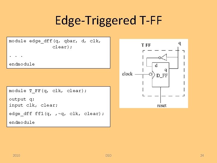 Edge-Triggered T-FF module edge_dff(q, qbar, d, clk, clear); . . . endmodule T_FF(q, clk,