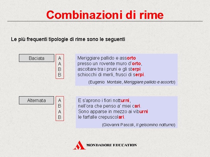 Combinazioni di rime Le più frequenti tipologie di rime sono le seguenti Baciata A