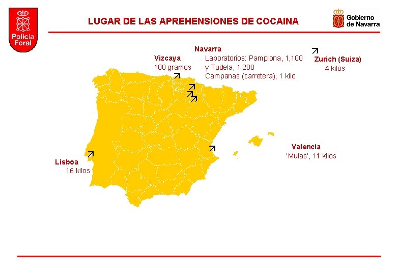 LUGAR DE LAS APREHENSIONES DE COCAINA Navarra Laboratorios: Pamplona, 1, 100 Vizcaya y Tudela,