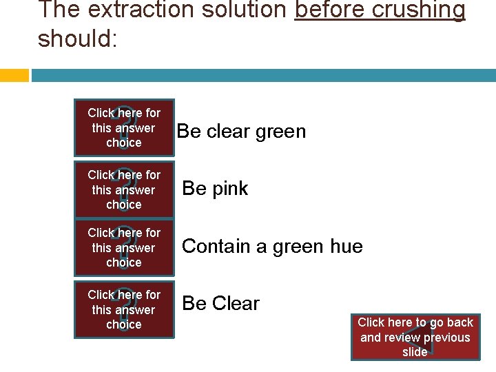 The extraction solution before crushing should: Click here for this answer Be clear green The extraction solution before crushing should: Click here for this answer Be clear green
