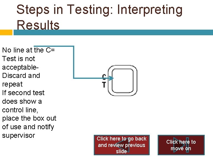 Steps in Testing: Interpreting Results No line at the C= Test is not acceptable. Steps in Testing: Interpreting Results No line at the C= Test is not acceptable.