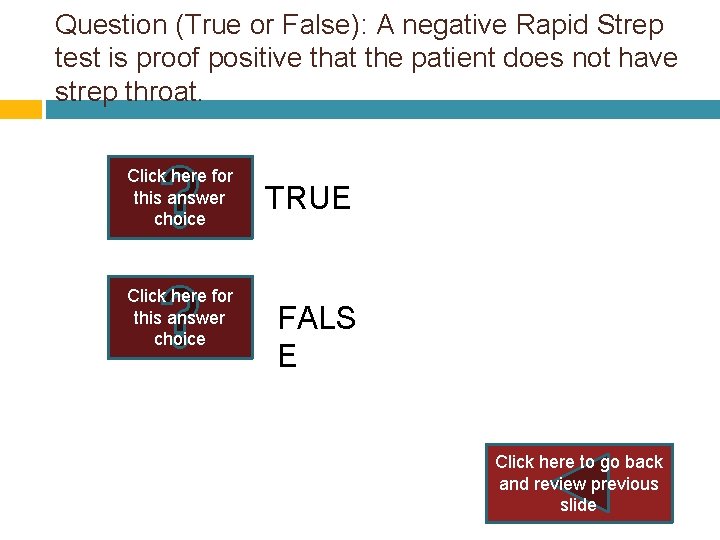 Question (True or False): A negative Rapid Strep test is proof positive that the Question (True or False): A negative Rapid Strep test is proof positive that the