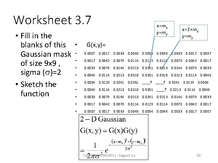Worksheet 3. 7 • Fill in the blanks of this Gaussian mask of size
