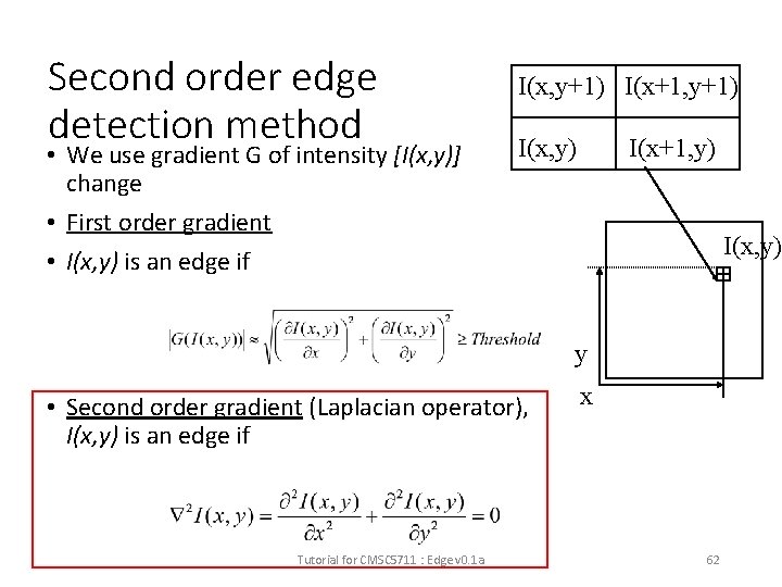 Second order edge detection method • We use gradient G of intensity [I(x, y)]