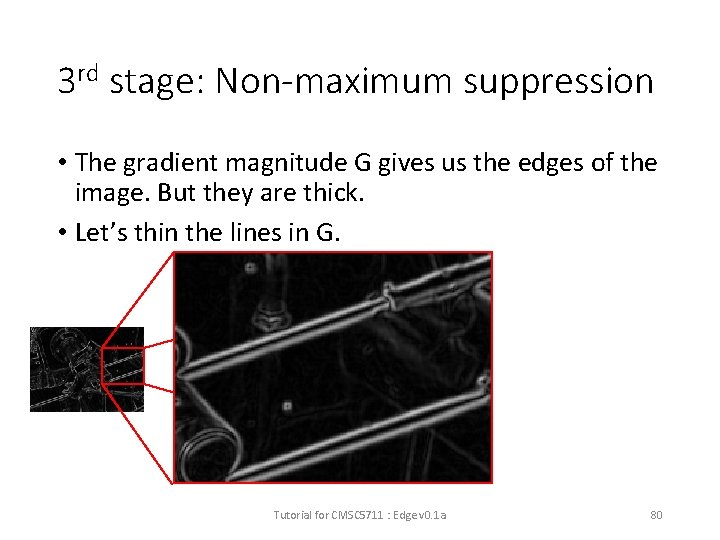 3 rd stage: Non-maximum suppression • The gradient magnitude G gives us the edges
