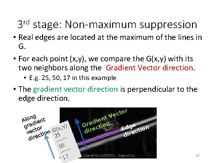 3 rd stage: Non-maximum suppression • Real edges are located at the maximum of