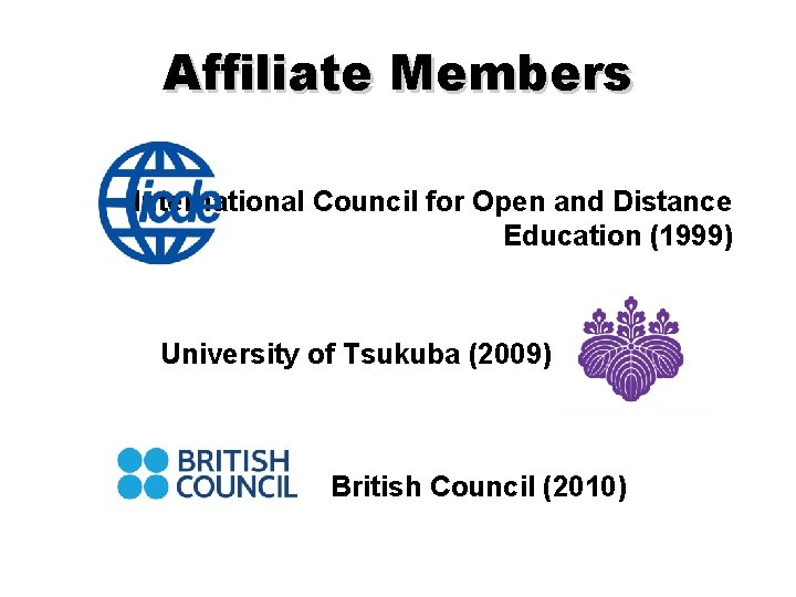 Affiliate Members International Council for Open and Distance Education (1999) University of Tsukuba (2009)