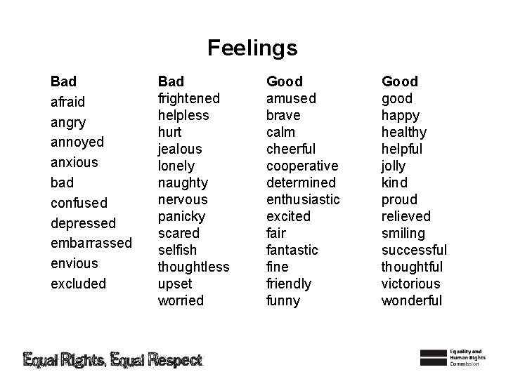 Feelings Bad afraid angry annoyed anxious bad confused depressed embarrassed envious excluded Bad frightened