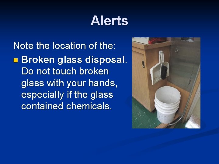 Alerts Note the location of the: n Broken glass disposal. Do not touch broken