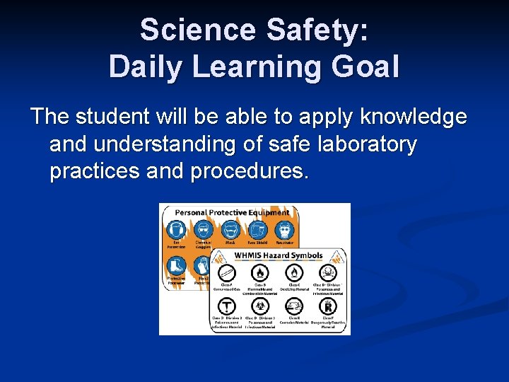 Science Safety: Daily Learning Goal The student will be able to apply knowledge and